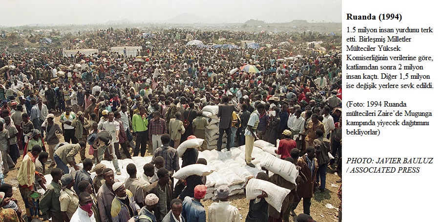 Thousands of Rwandan refugees wait to get food at the Mugunga camp near Goma, eastern Zaire, Wednesday July 27, 1994. Aid agencies are struggling, as food supplies are insufficient and disease rampant, killing thousands. In all, some 2.4 million ethnic Hutu refuges have fled Rwanda, fearful that victorious Tutsi rebels will take revenge for the massacre of 350,000 to 500,000 people, mostly Tutsi, by Hutu militias from April to mid-July. (AP Photo/Javier Bauluz) Javier Bauluz/Associated Press